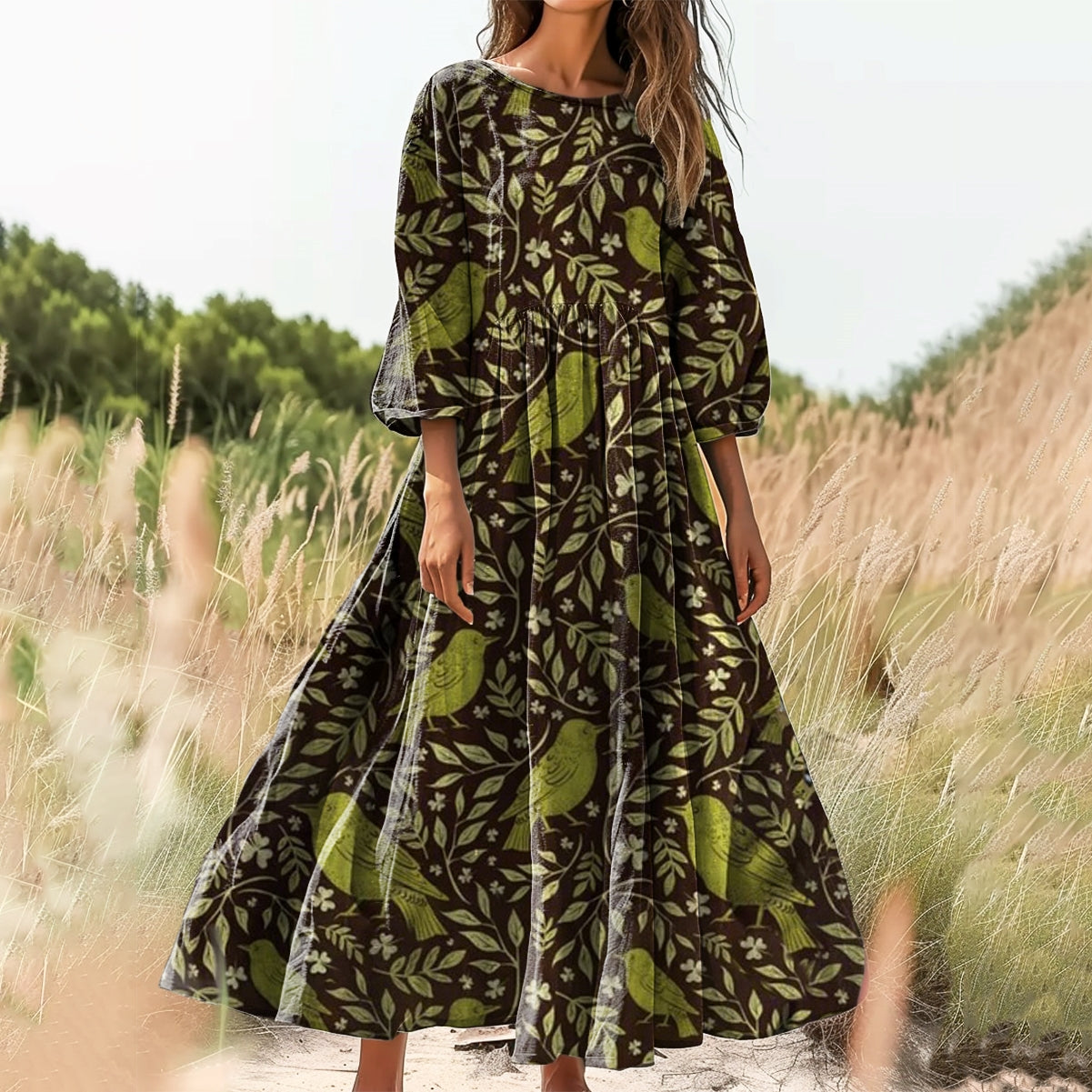 Women's Botanical Bird Pattern Art Print Cotton Round Neck Dress