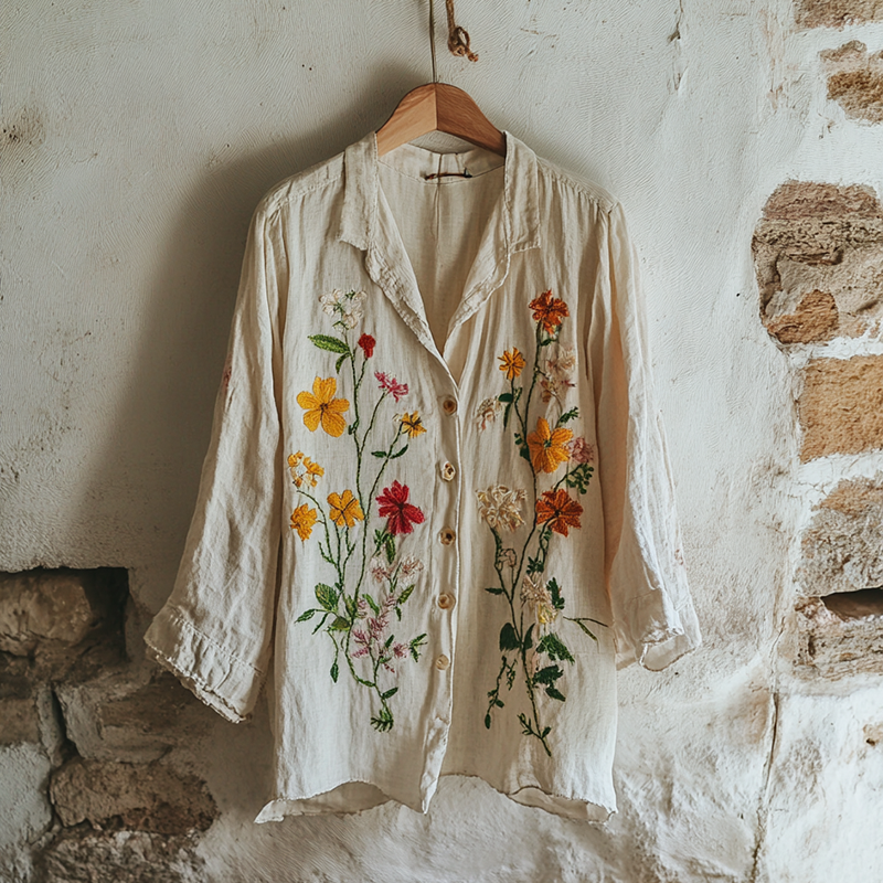 Retro Bohemian Holiday Style Linen Floral Print Long Sleeve Shirt artswardrobe