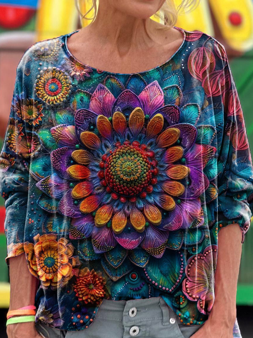 Vintage Mandala Graphic Art Print Casual Long Sleeve T-Shirt