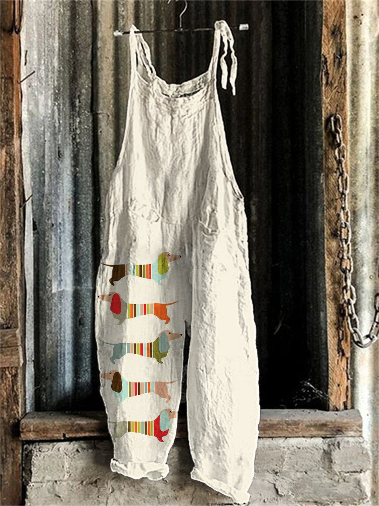 Comstylish Lively Dachshund Print Linen Blend Casual Jumpsuit