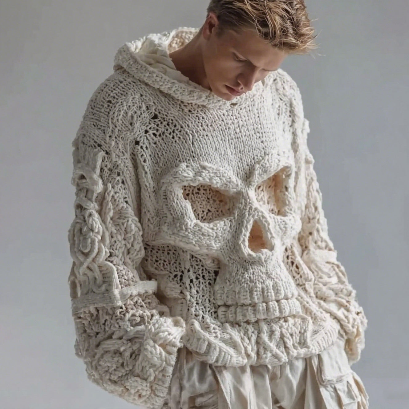 Men's Skull Pattern Cozy Knit Hooded Sweater artswardrobe