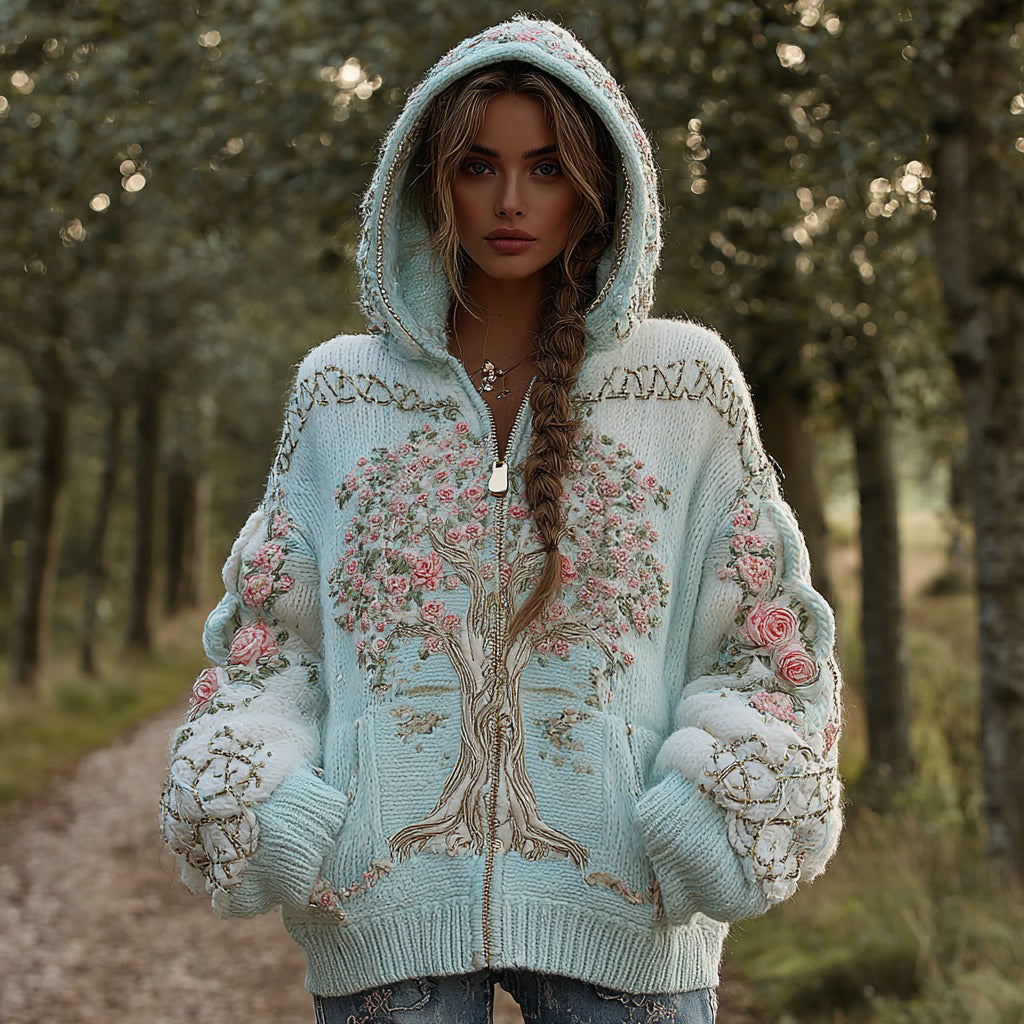 Women's Viking Pink Rose Tree Of Life Knit Zip-up Hooded Sweater