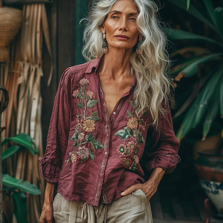 Bohemian Style Linen Floral Art Print Long Sleeve Shirt artswardrobe