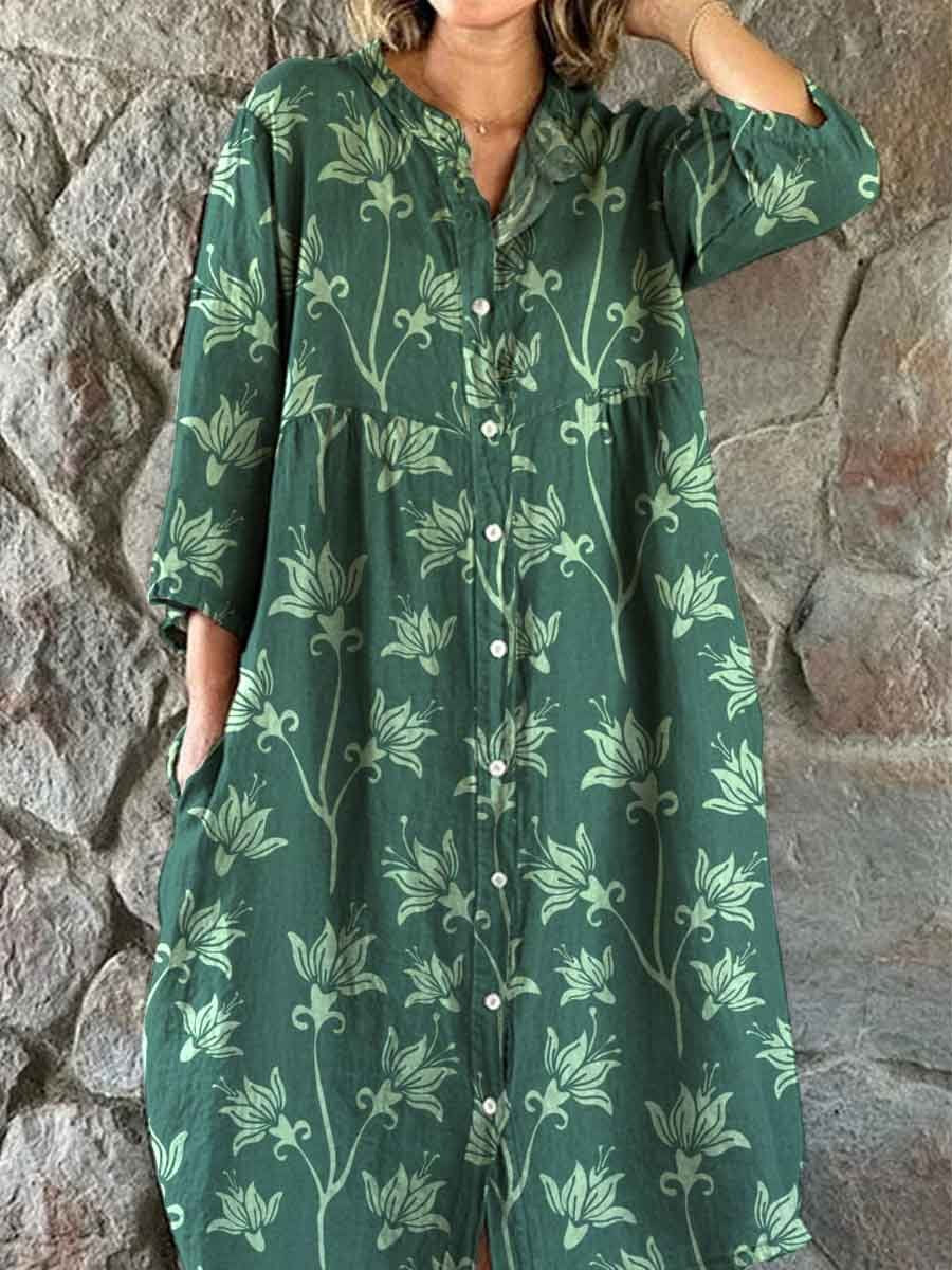 Women's Shirt Style Elegant Simple Floral Pattern Cotton And Linen Dre