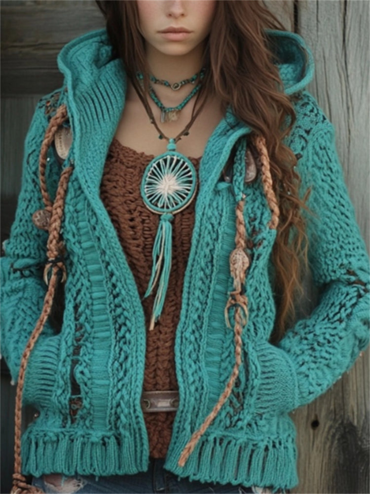 Western Vintage Fringe Turquoise Hooded Chunky Cardigan elevenforest