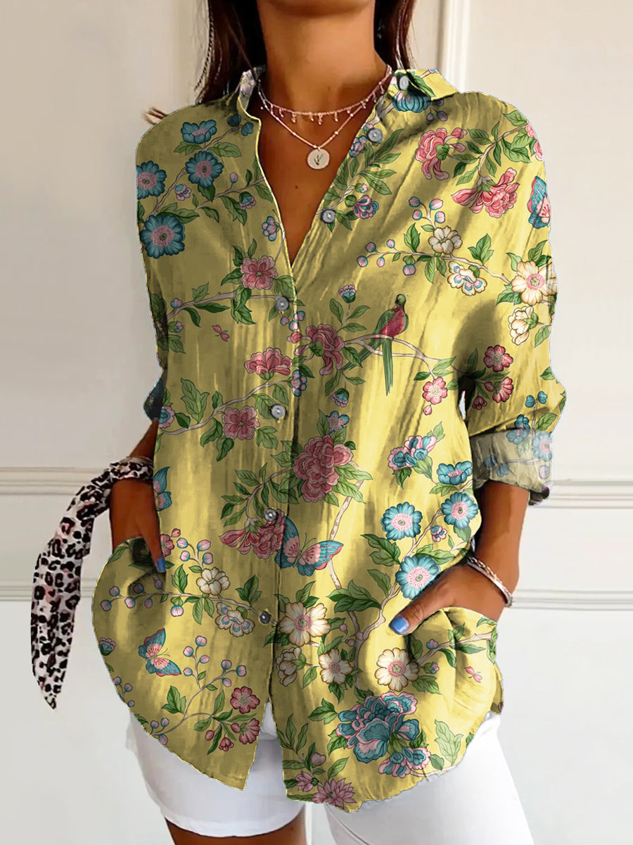 Women's Vintage Ethnic Floral Art Print Casual Cotton Shirt