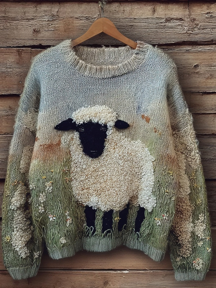 Lovely Fuzzy Blacknose Sheep Embroidered Cozy Knit Sweater artswardrobe