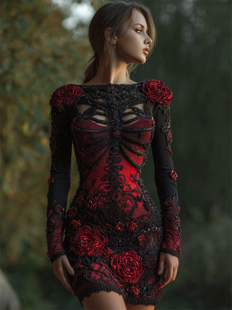 Gothic Dark Skeleton Red Roses Beaded Comfy Mini Dress
