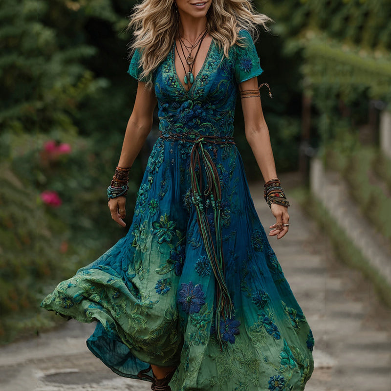 Vintage Gradient Blue Floral Embroidered Linen Maxi Dress artswardrobe