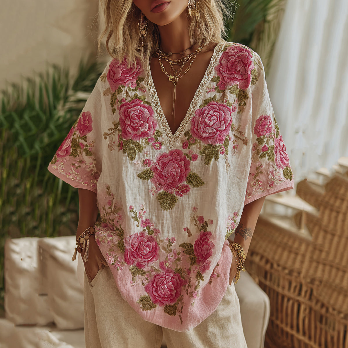 Women's Vintage Floral Gradient Art V Neck Linen Comfy T-shirt artswardrobe