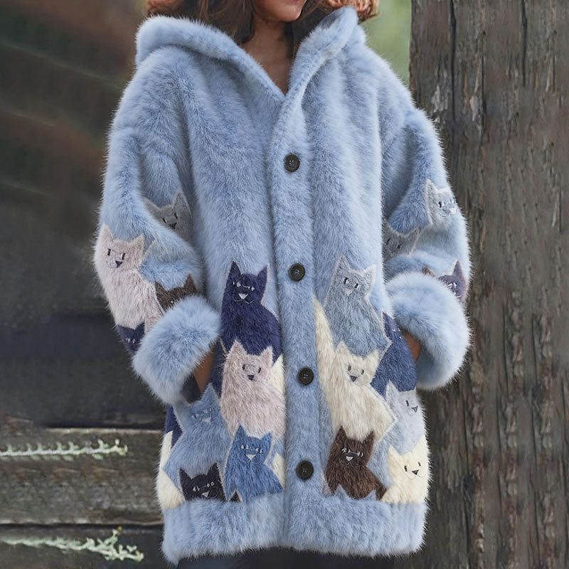 Vintage Cute Cat Art Cozy Knit Hooded Cardigan elevenforest