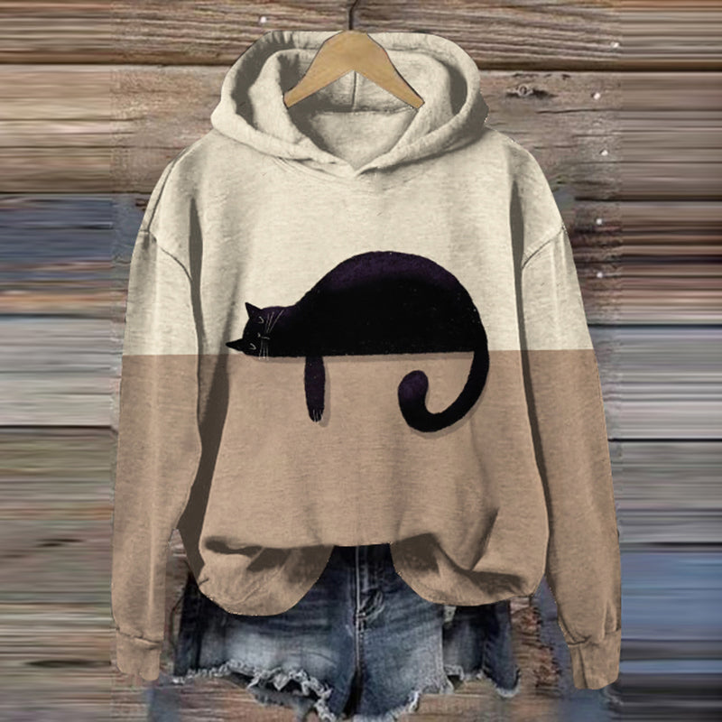 Comstylish Women's Color Block Black Cat Silhouette Print Casual Hoodie