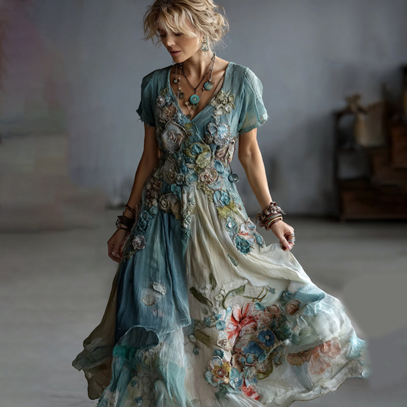 Vintage Gradient Blue Floral Embroidered Linen V Neck Maxi Dress artswardrobe