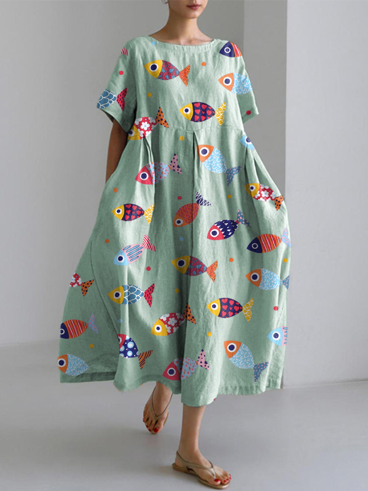Comstylish Colorful Fish Pattern Linen Blend Dress