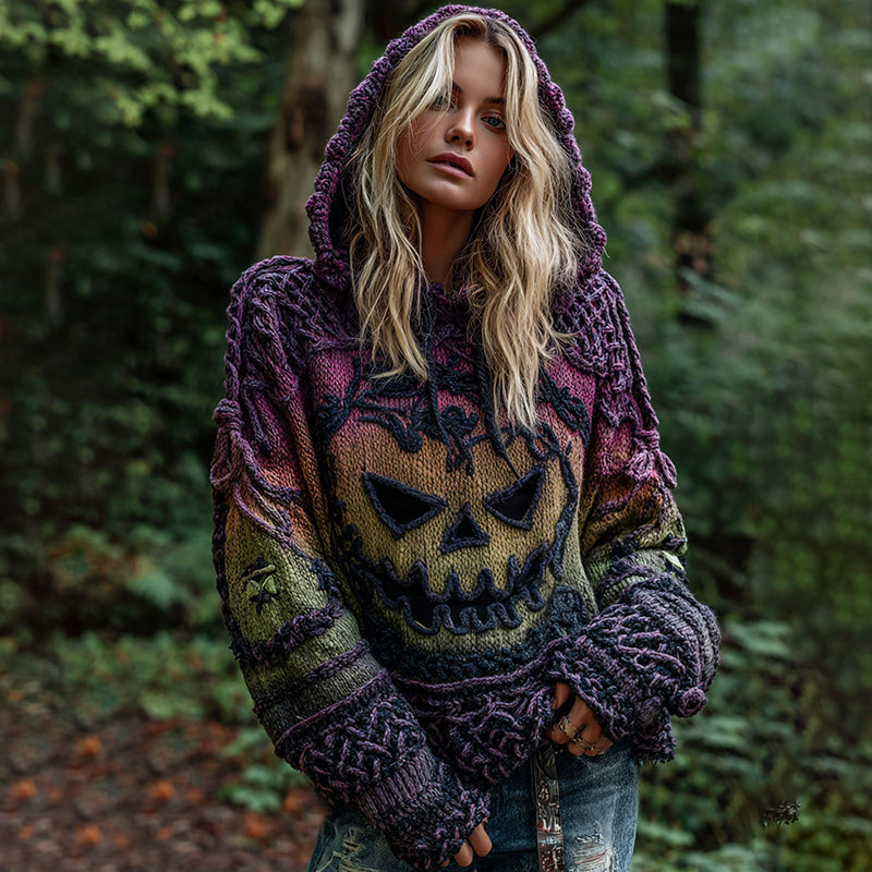 Halloween Pumpkin Face Chunky Crochet Hooded Sweater elevenforest