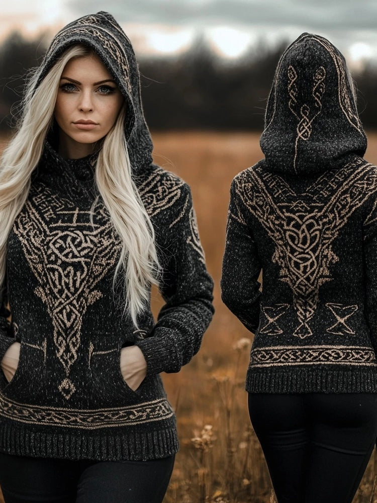 Vintage Viking Vegvisir Celtic Jacquard Hooded Sweater elevenforest