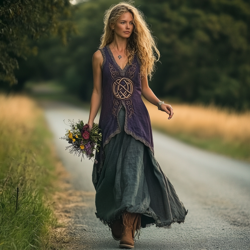 Vintage Viking Tribal Celtic Knot Patchwork Art Linen Tank Dress artswardrobe