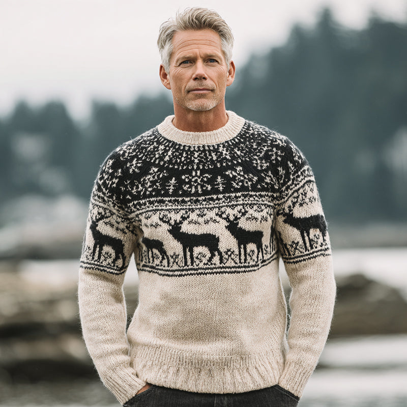 Comstylish Men's Vintage Warmth Jacquard Icelandic Art Cozy Knit Sweater