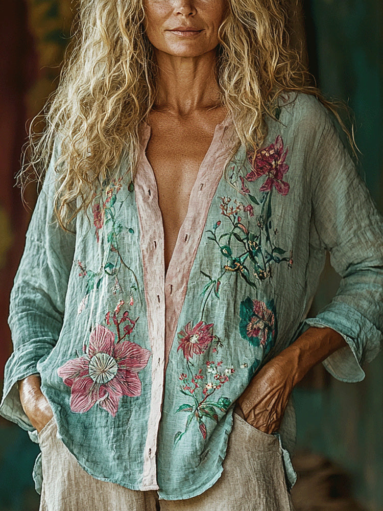 Comstylish Women's Casual Bohemian Linen Floral Style Long-sleeve Top Shirt