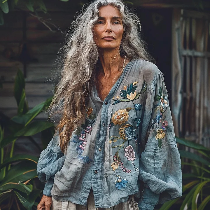 Vintage Bohemian Style Linen Floral Art Print Long Sleeve Shirt artswardrobe