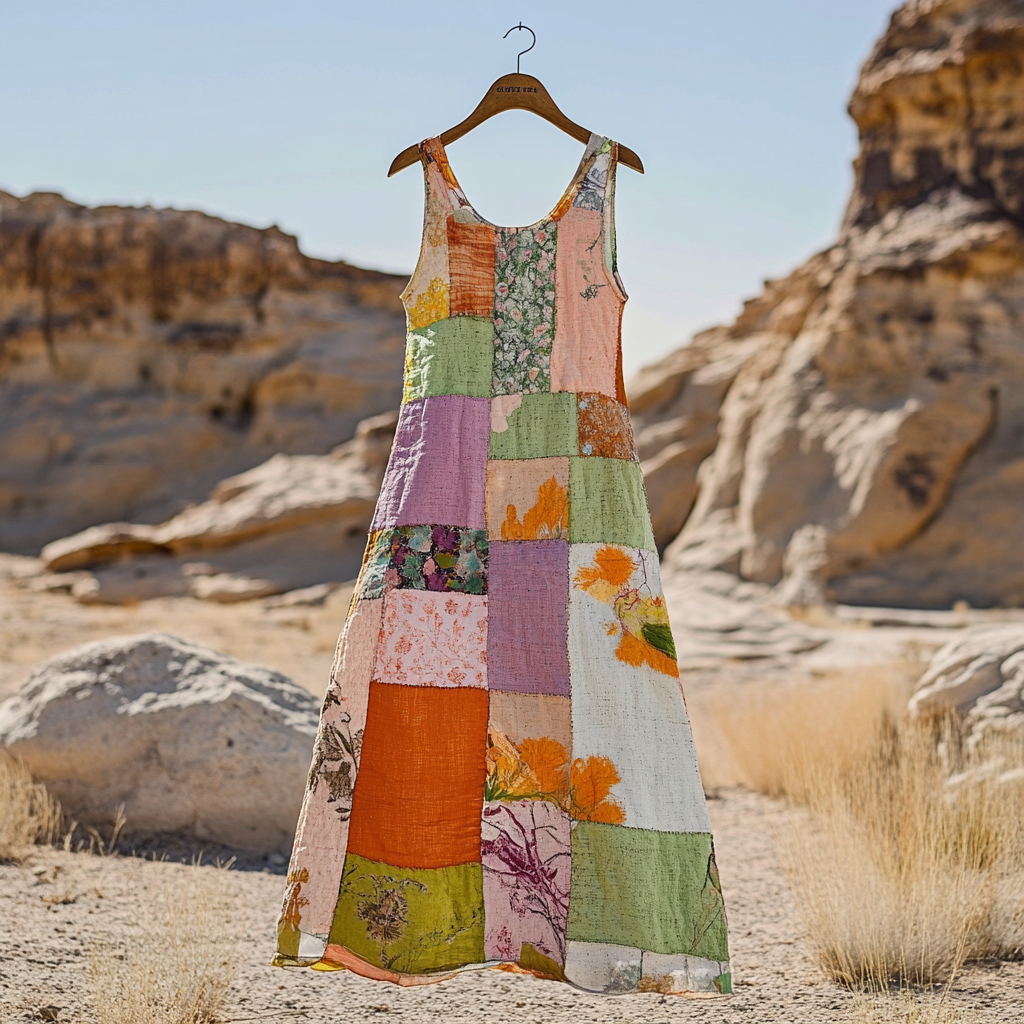 Women's Vintage Bohemian Floral Patch Cotton And Linen Dress artswardrobe