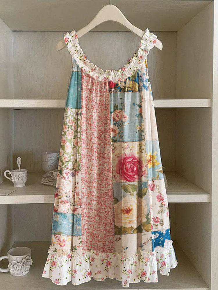 Vintage Floral Patchwork Ruffle Trim Linen Dress artswardrobe