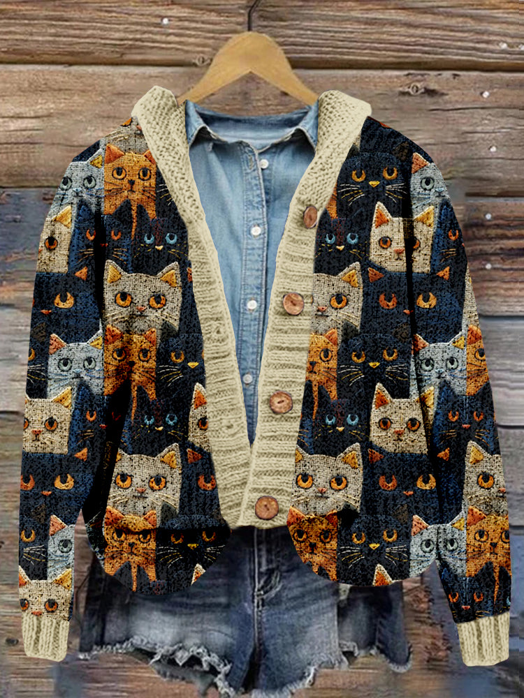 Cute Crowded Cats Embroidered Cozy Hooded Cardigan elevenforest