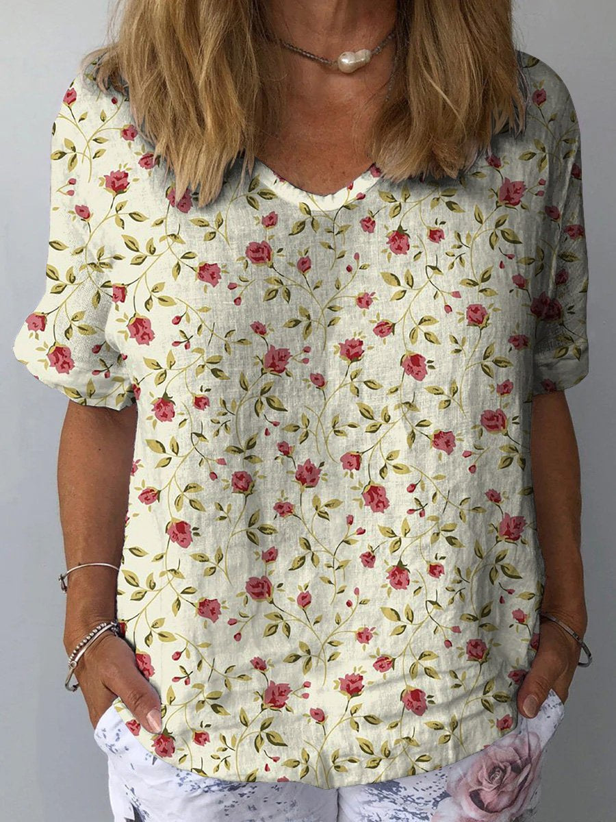 Vintage Style Petite Rose Pattern Printed Women's Casual Cotton And Linen Shirt
