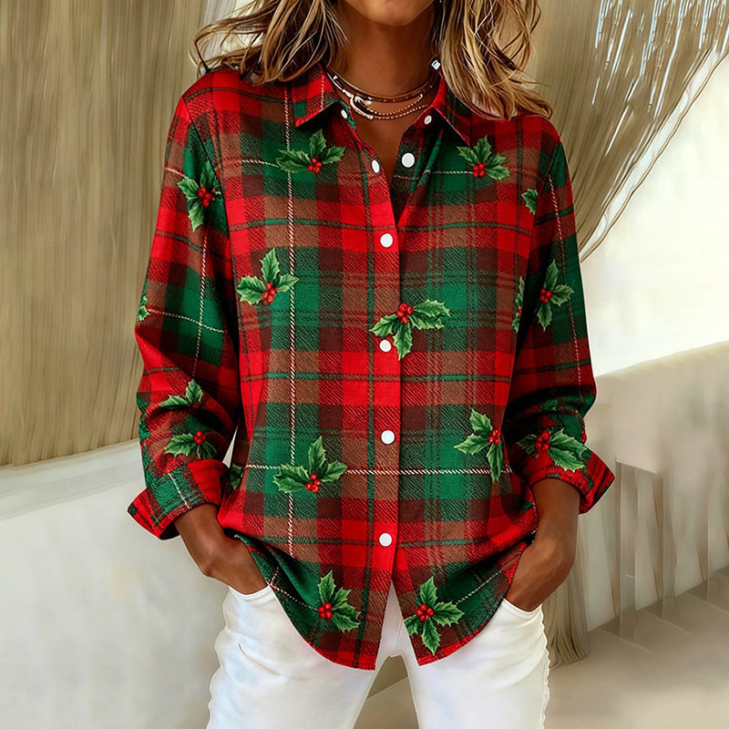 Comstylish Women's Vintage Christmas Plaid Flower Print Long Sleeve Shirt