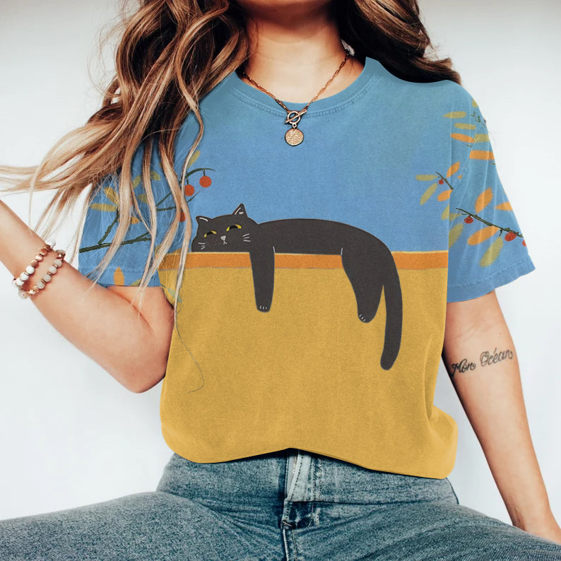 Abstract Creative Lazy Black Cat Floral Painting Art T-Shirt elevenforest