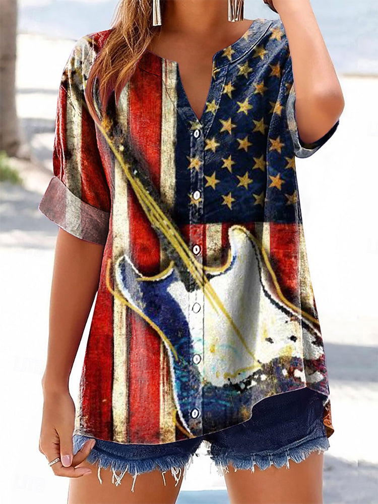 Women's Vintage Flag Guitar Art Print Casual Cotton And Linen Shirt