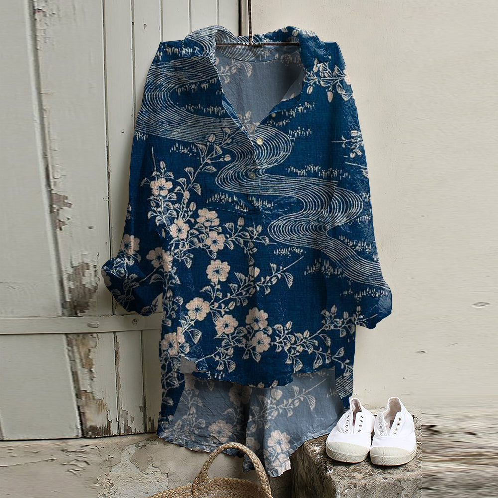 Comstylish Women Floral Art Button Down Casual Woven Tunic
