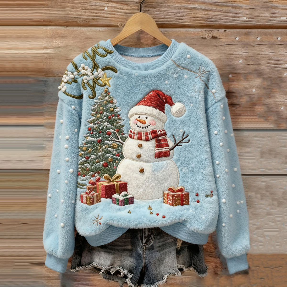 Women's Christmas Snowman Embroidery Art Comfort Plush Sweatshirt