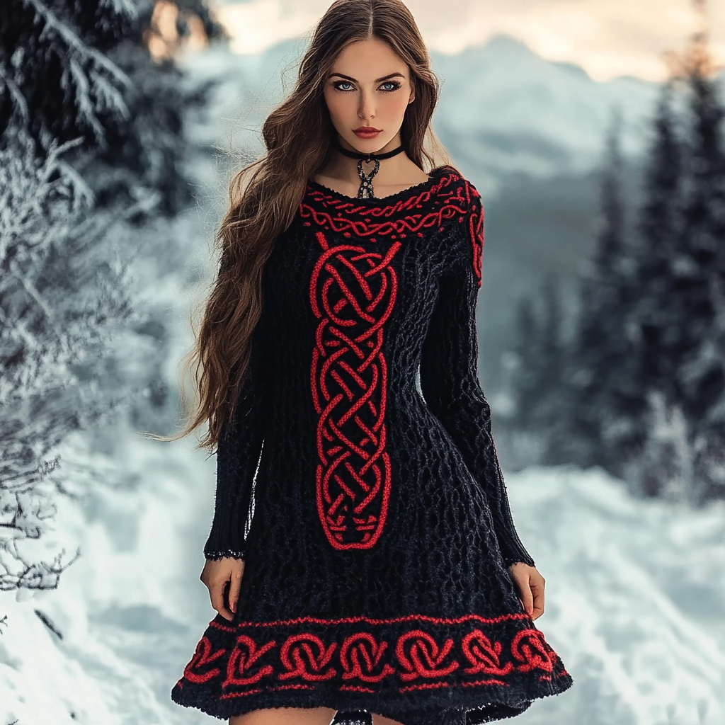 Women's Viking Celtic Knot Jacquard Cozy Knit Sweater Dress artswardrobe