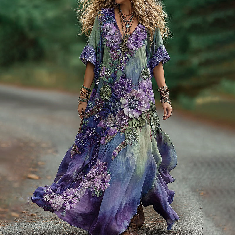Vintage Green And Purple Lavender And Floral Embroidered Art Linen Maxi Dress artswardrobe