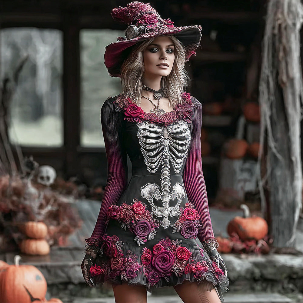 Halloween Witch Skeleton & Floral Lady Long-sleeve Knit Mini Dress artswardrobe