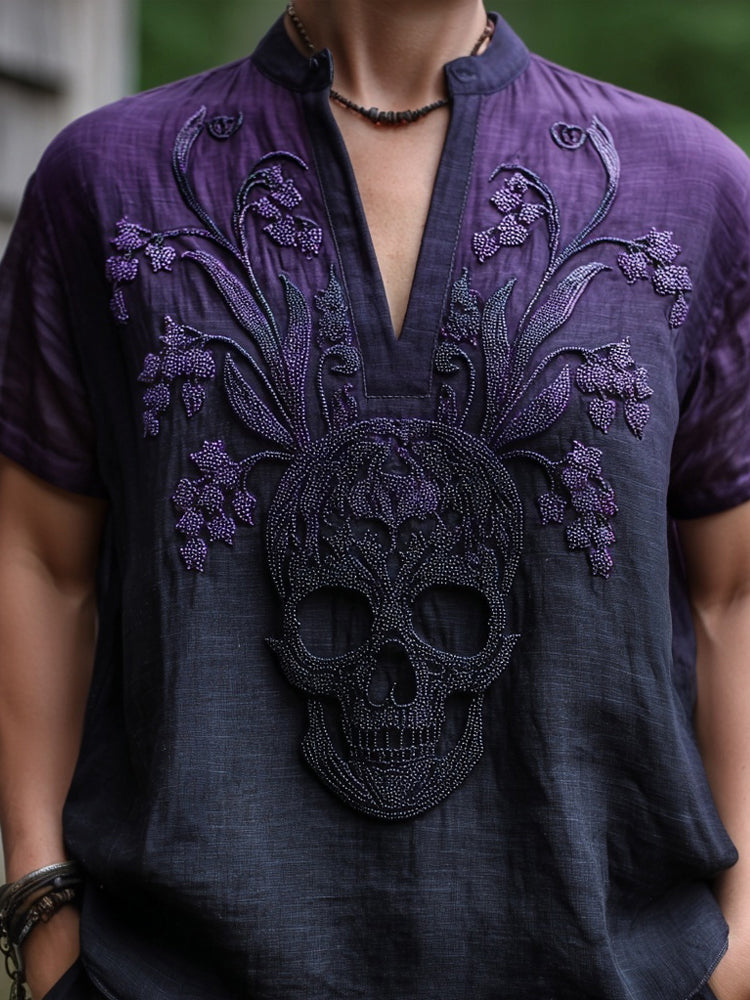 Comstylish Vintage Lily Of The Valley & Skull Embroidered Linen Shirt