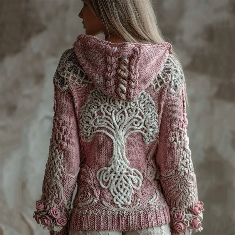 Vintage Pink Roses Viking Tree Of Life Hooded Chunky Sweater artswardrobe