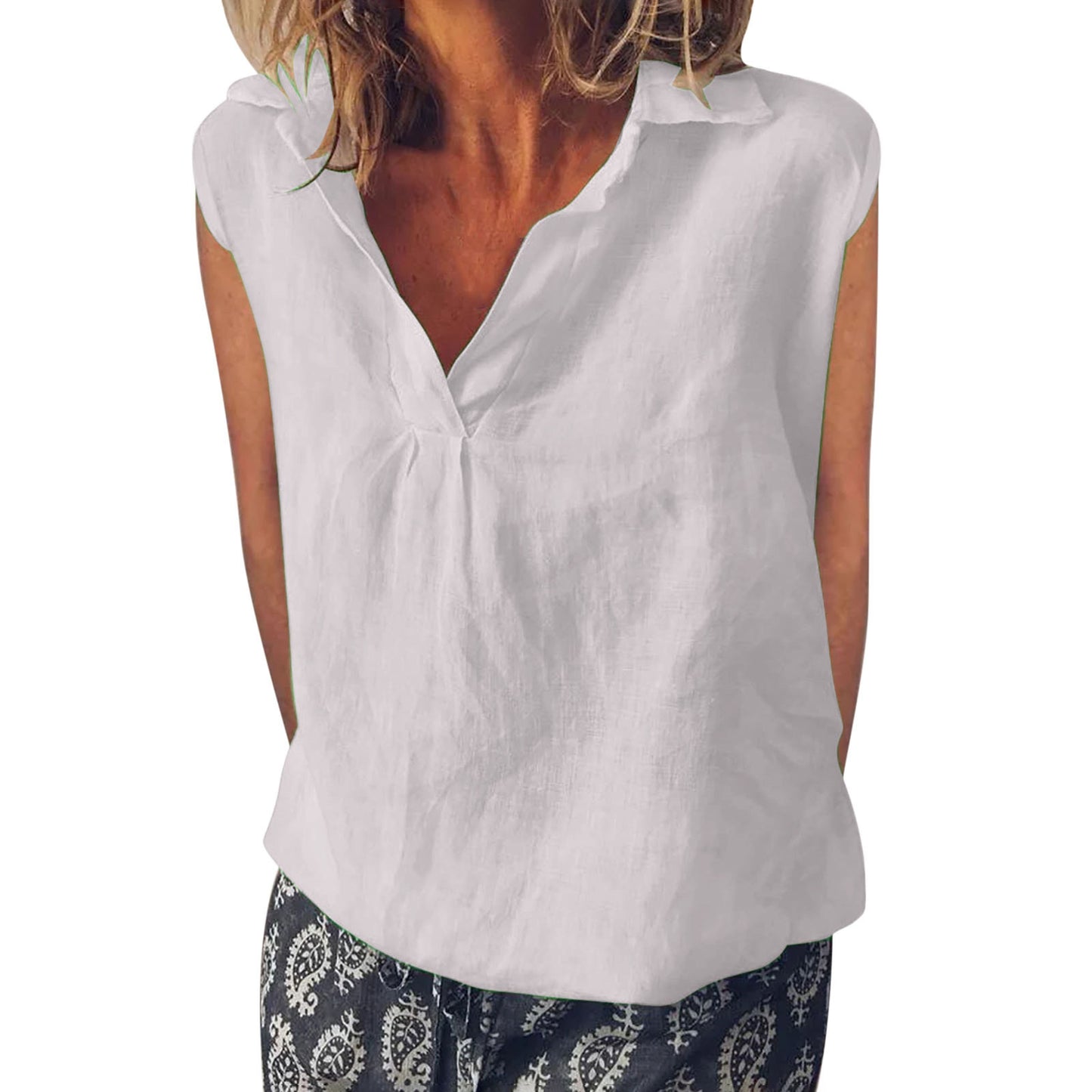 Comstylish Vintage Solid Color V Neck Cotton Linen Comfy Shirt