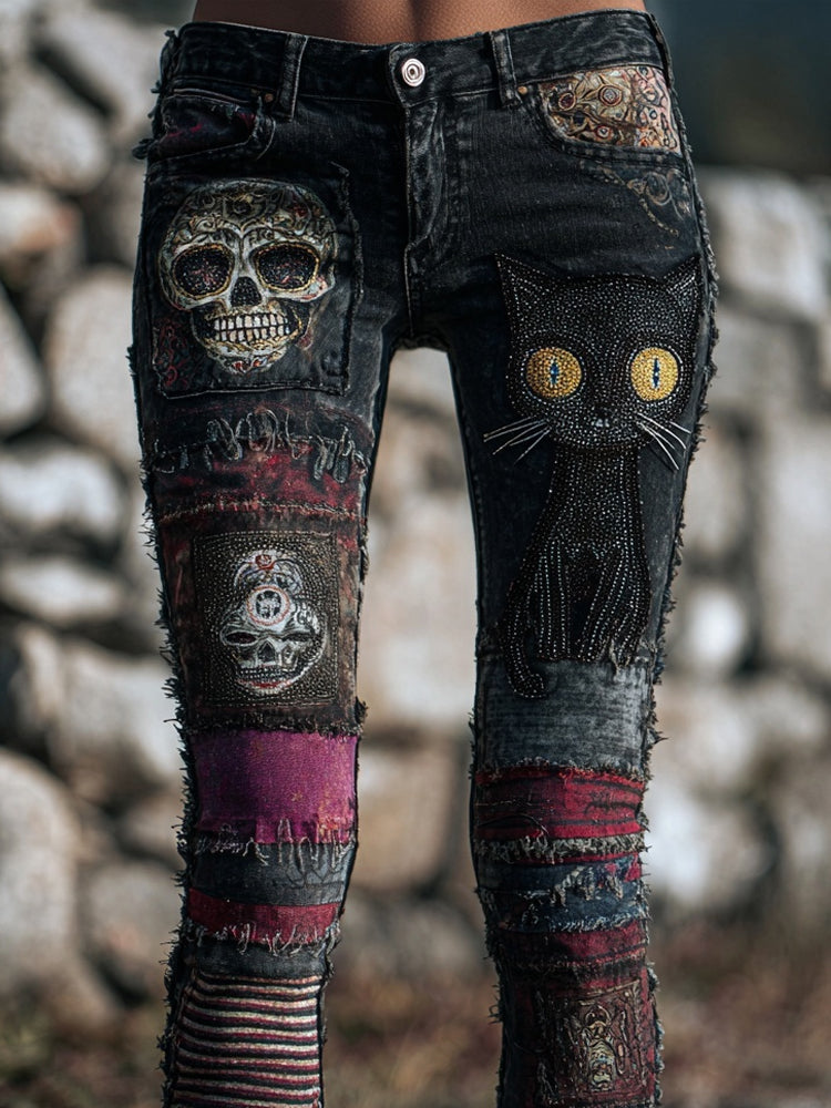 Comstylish Vintage Skull & Cat Embroidered Patchwork Skinny Jeans