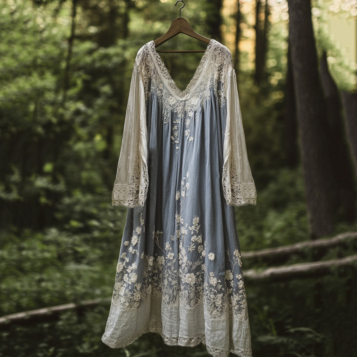 Vintage Floral Embroidered Pattern Linen Contrast Color Maxi Dress artswardrobe