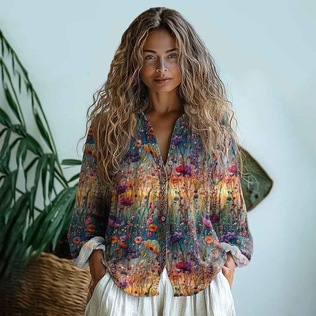 Vintage Gradient Flowers Embroidered Linen Print Long Sleeve Shirt artswardrobe
