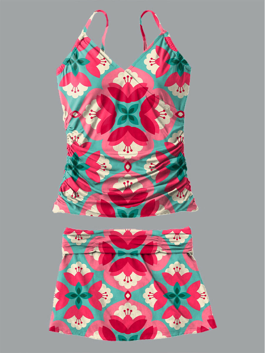 Women's Floral Print Suspender Shirred Swimsuit Set
