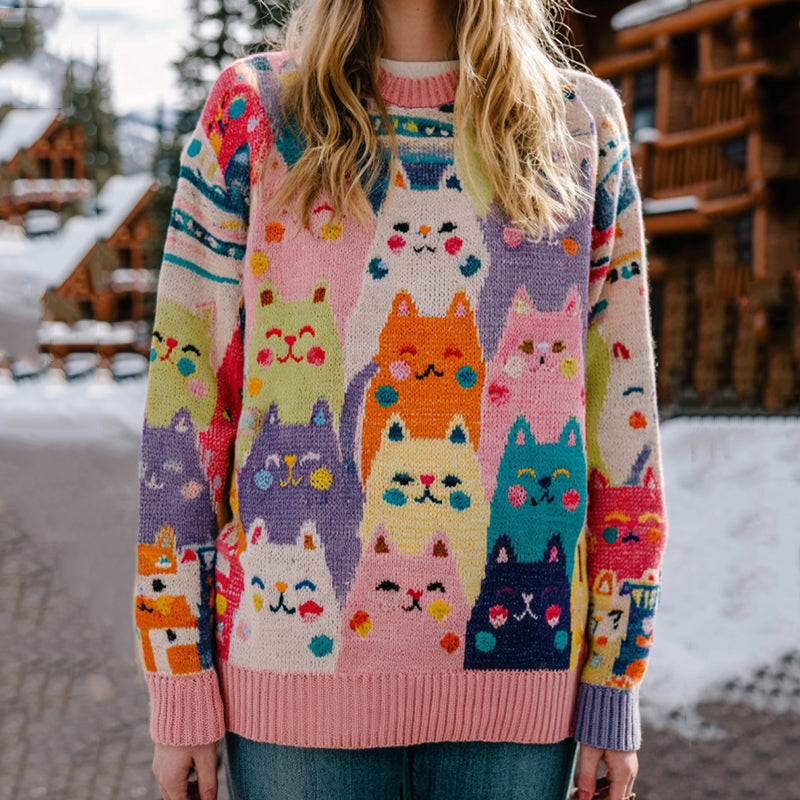 Colorful Cats Pattern Art Cozy Knit Sweater elevenforest