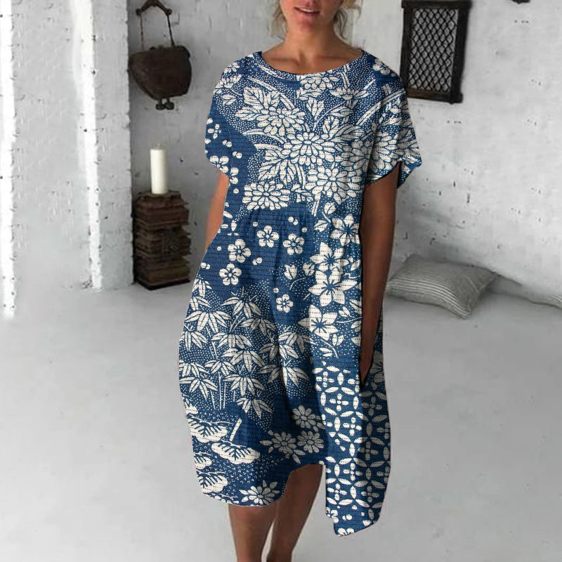 Comstylish Vintage Japanese Art Flower Print Loose Midi Dress