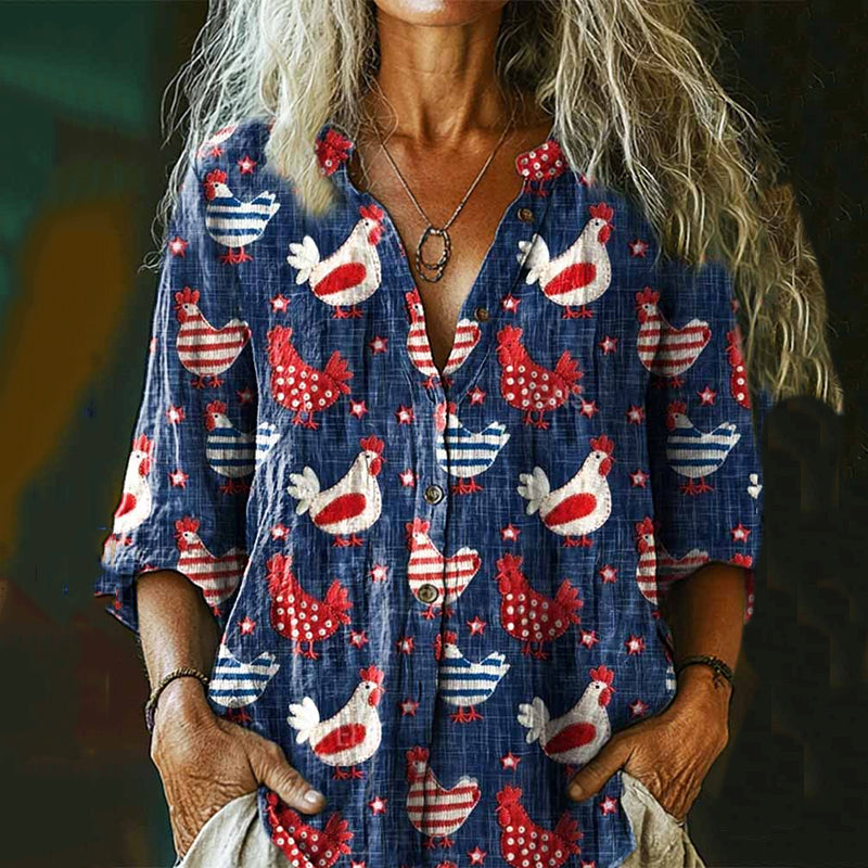 Comstylish Women's Independence Day Vintage Rooster Art Print Cotton And Linen Shirt