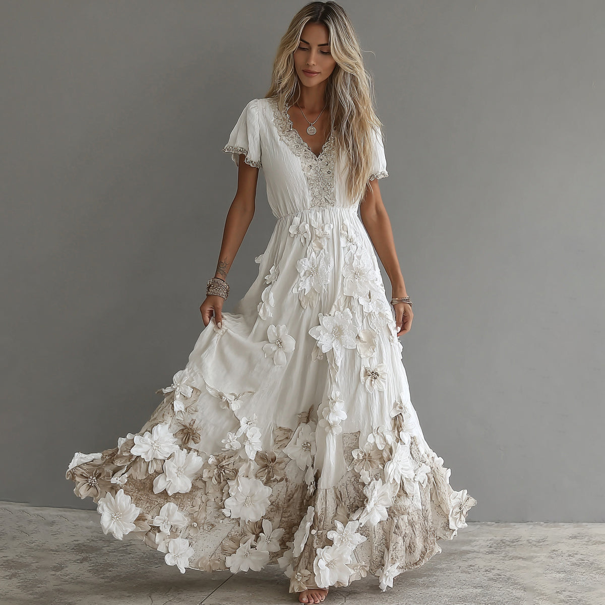 Women's Vintage Boho Floral Art Short-sleeved Maxi Dress