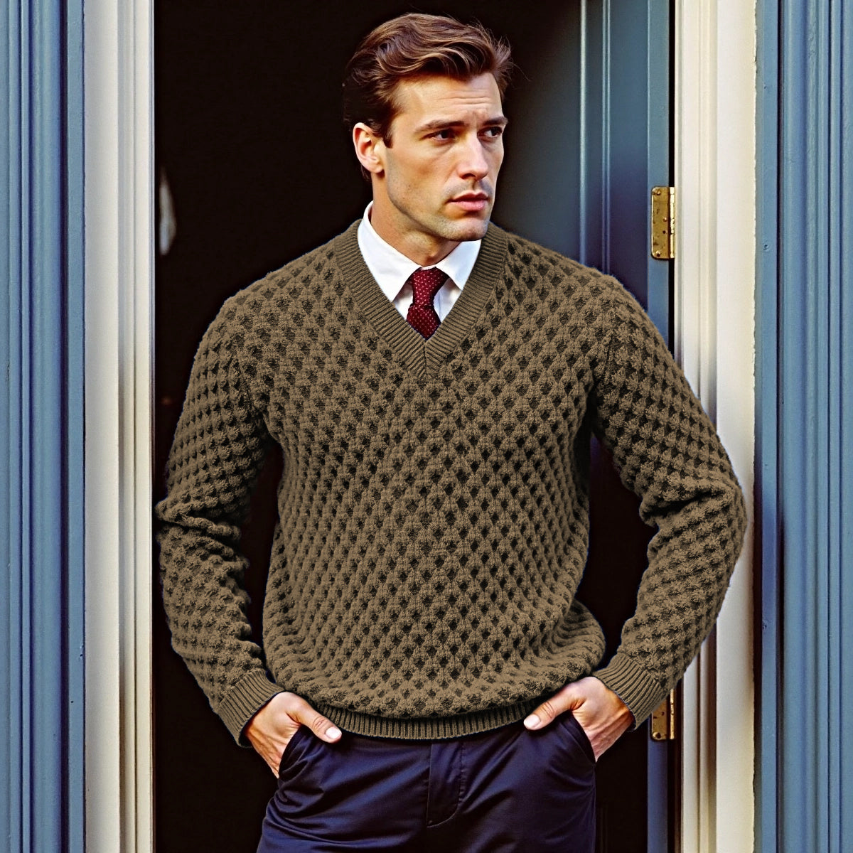 Men'S Waffle Jacquard British V-Neck Sweater artswardrobe