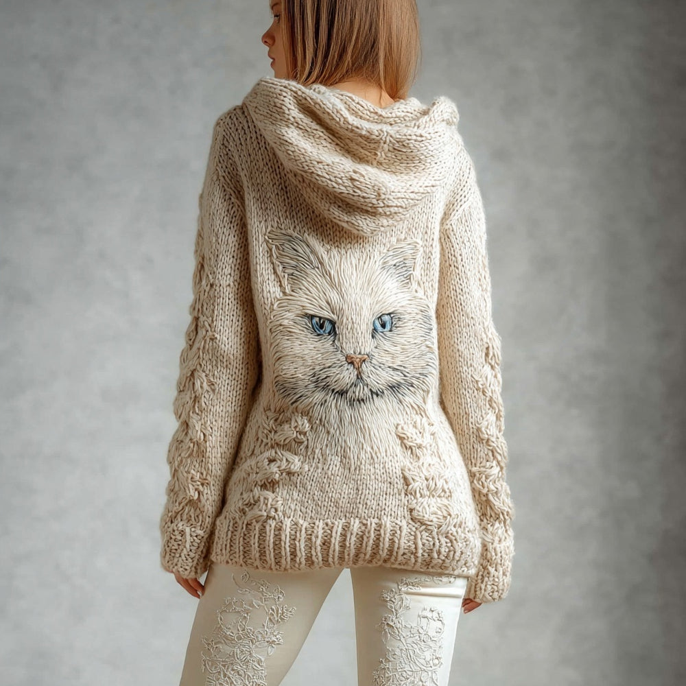 Comstylish Cute Cats Embroidered Comfy Knit Hooded Cardigan