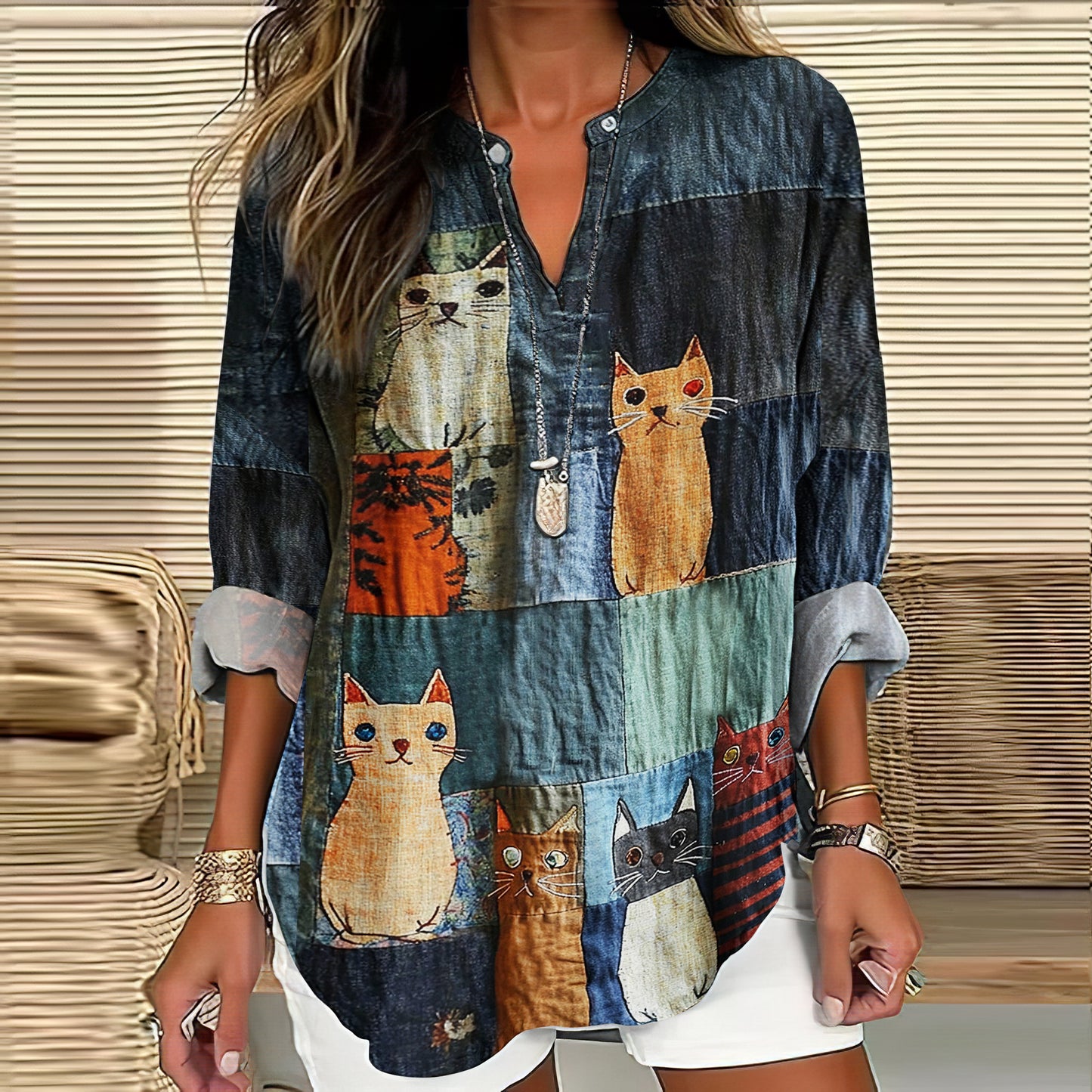 Casual Pop Cat Patchwork Cotton Linen Blouse elevenforest